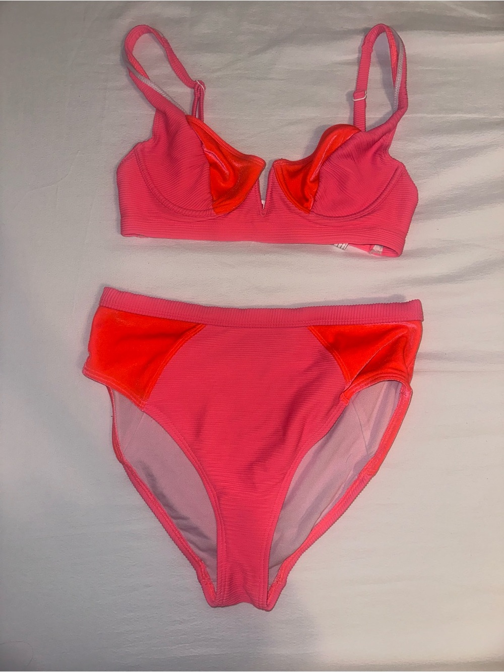 High-Waist Pink Bikini Set with Contrast velvet Panels
